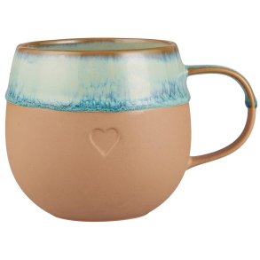 Krus m/hank Heart mat brunt ler m/aqua kant