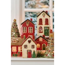 Hus t/fyrfadslys m. rdt tag og juletr