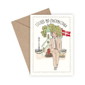 Tillykke med konfirmationen - Dreng foran kirke 